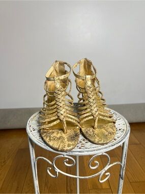 Apostrophe Metallic Gold Strappy Heels